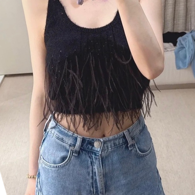 chanel rhinestone feather fringe scoop neck sleeveless knit tank top